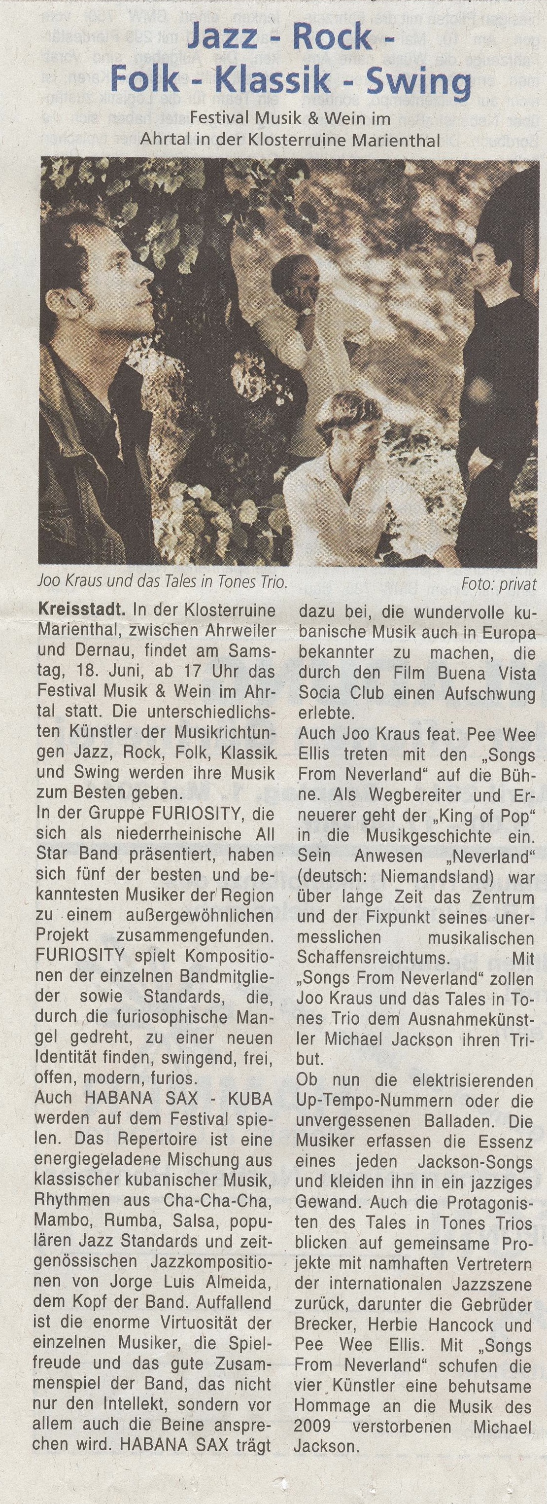 Jazz-Rock-Folk-Klassik-Swing im Ahrtal in der Klosterruine Jazzvorbericht 2011